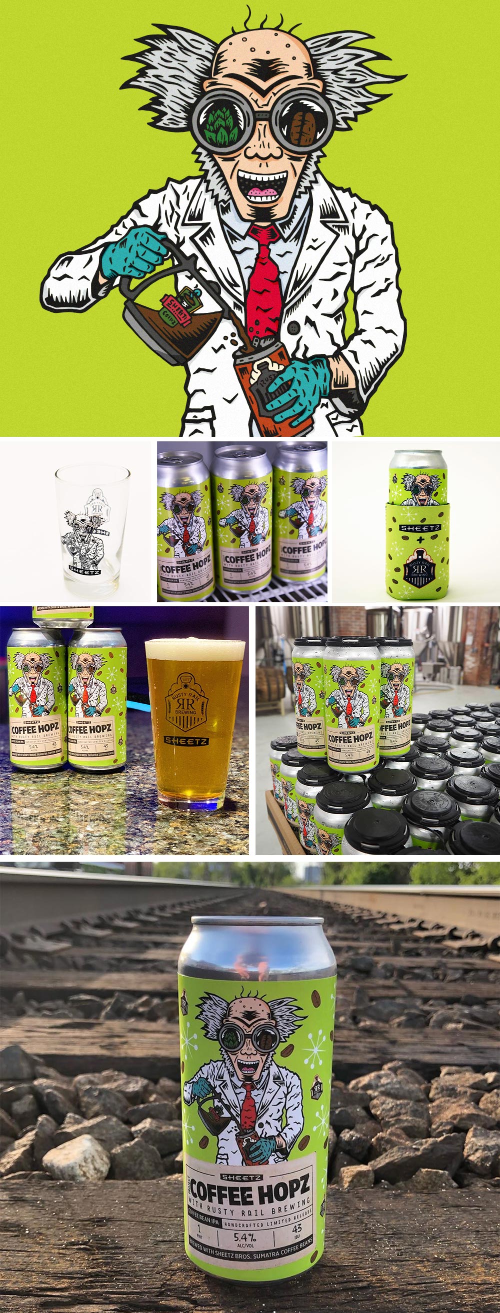 Various images of the illustration and the beer cans