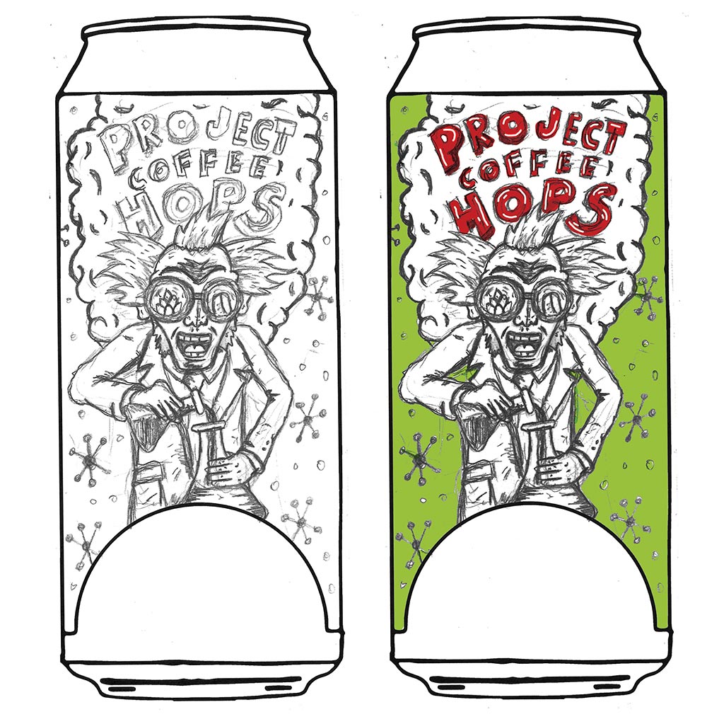 Two sketches of beer can label designs.