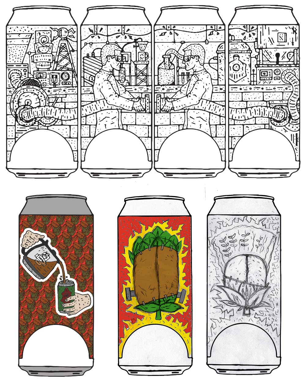Various sketches of beer label designs