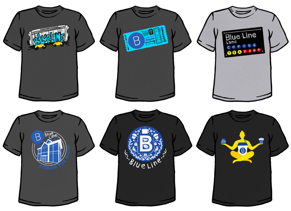 Six shirt design concepts for the Blue Line client