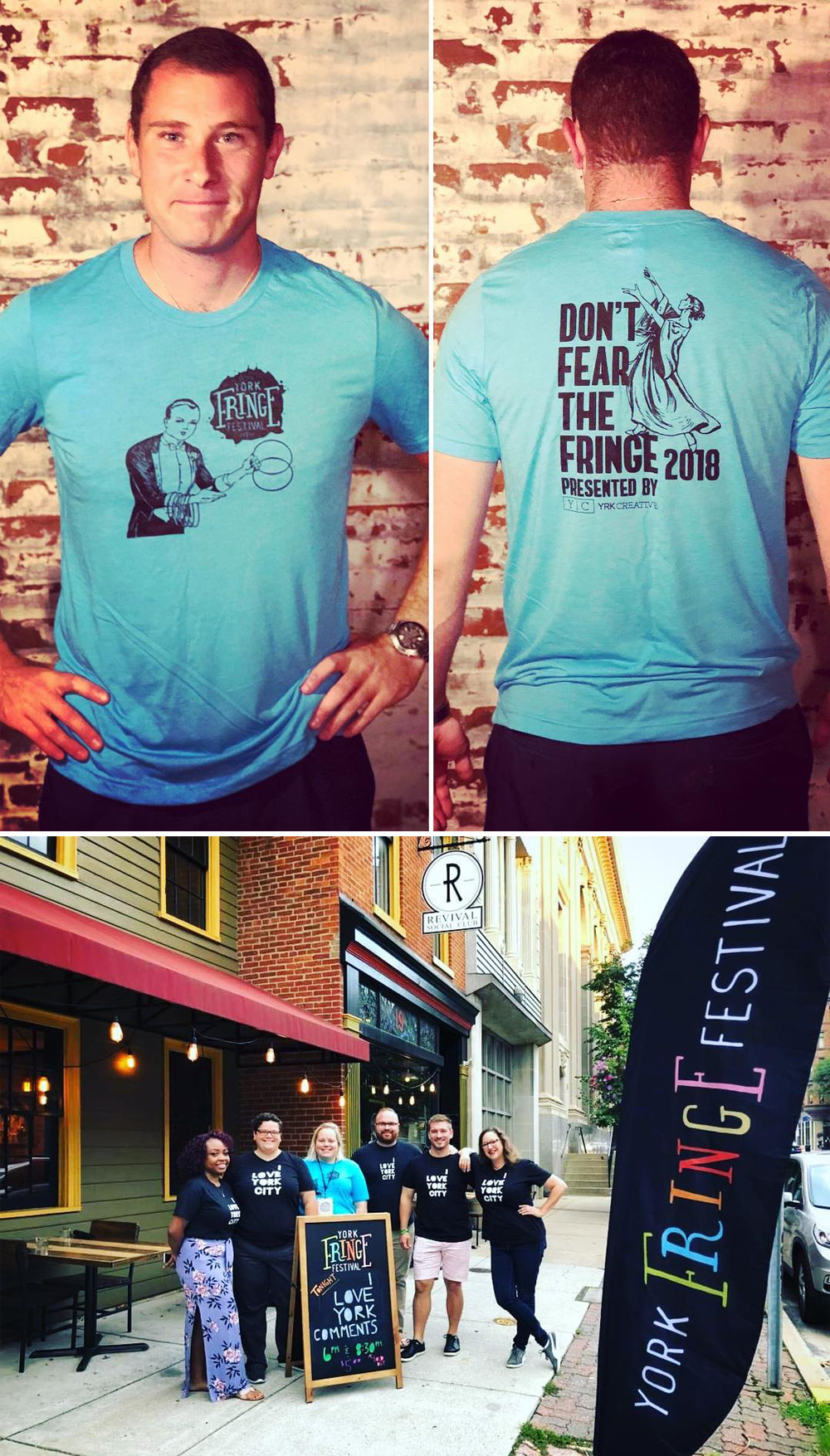 Shirts and banners featuring the York Fringe Festival branding