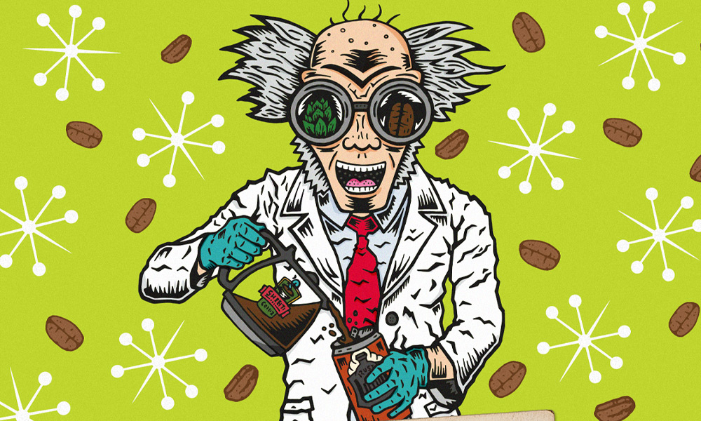 Close up on mad scientist from beer label