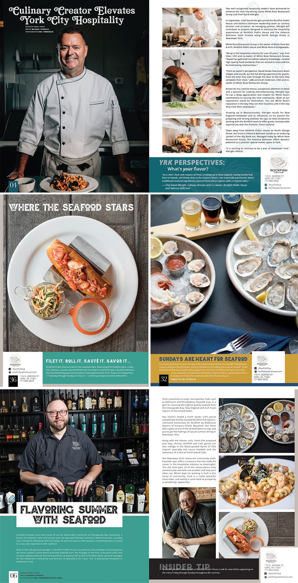 Various spreads of Rockfish Public House in YRK Magazine